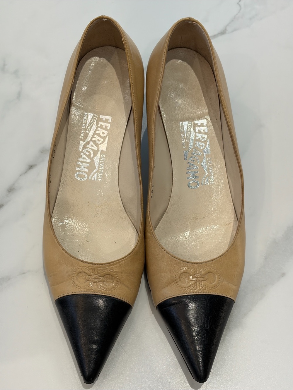 Salvatore Ferragamo Tan Leather Flats with Black Pointed Toe